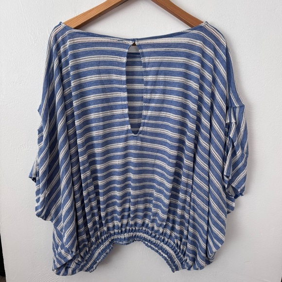 Free People Azalea blue striped linen blend elastic waist blouse Size Small - Picture 5 of 9